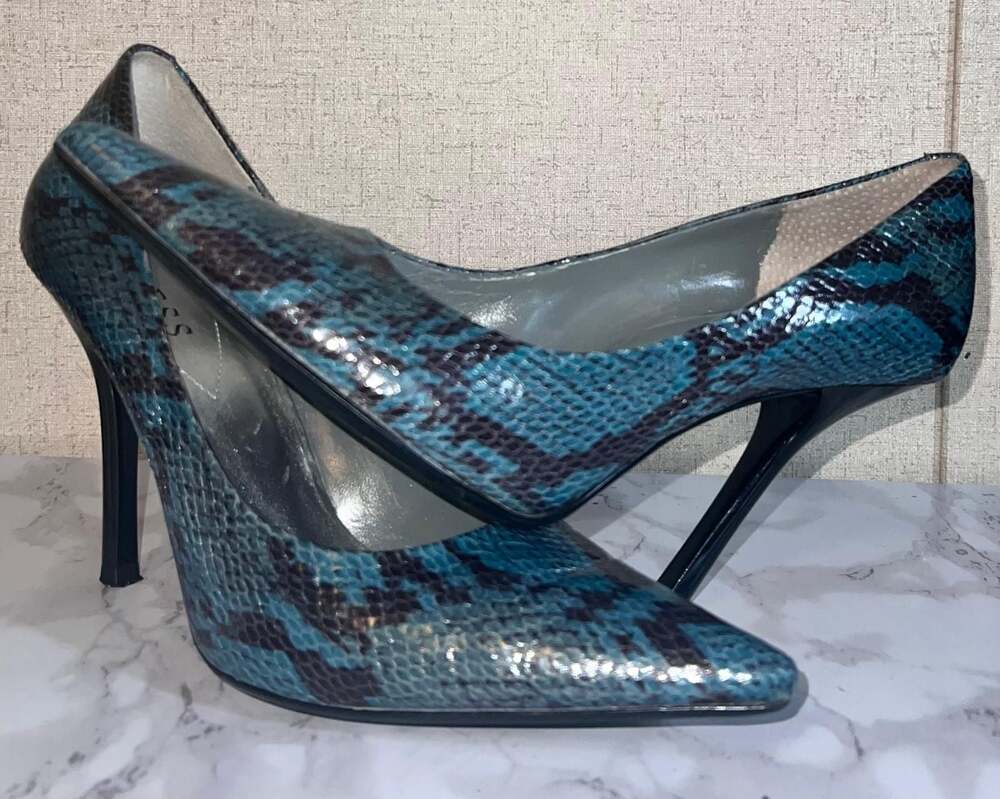 GUESS Teal and Black Snakeskin Pointed Toe Stiletto Pumps